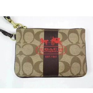 Coach Signature Logo Horse & Carriage Zipper Wristlet Red & Brown PVC Leather
